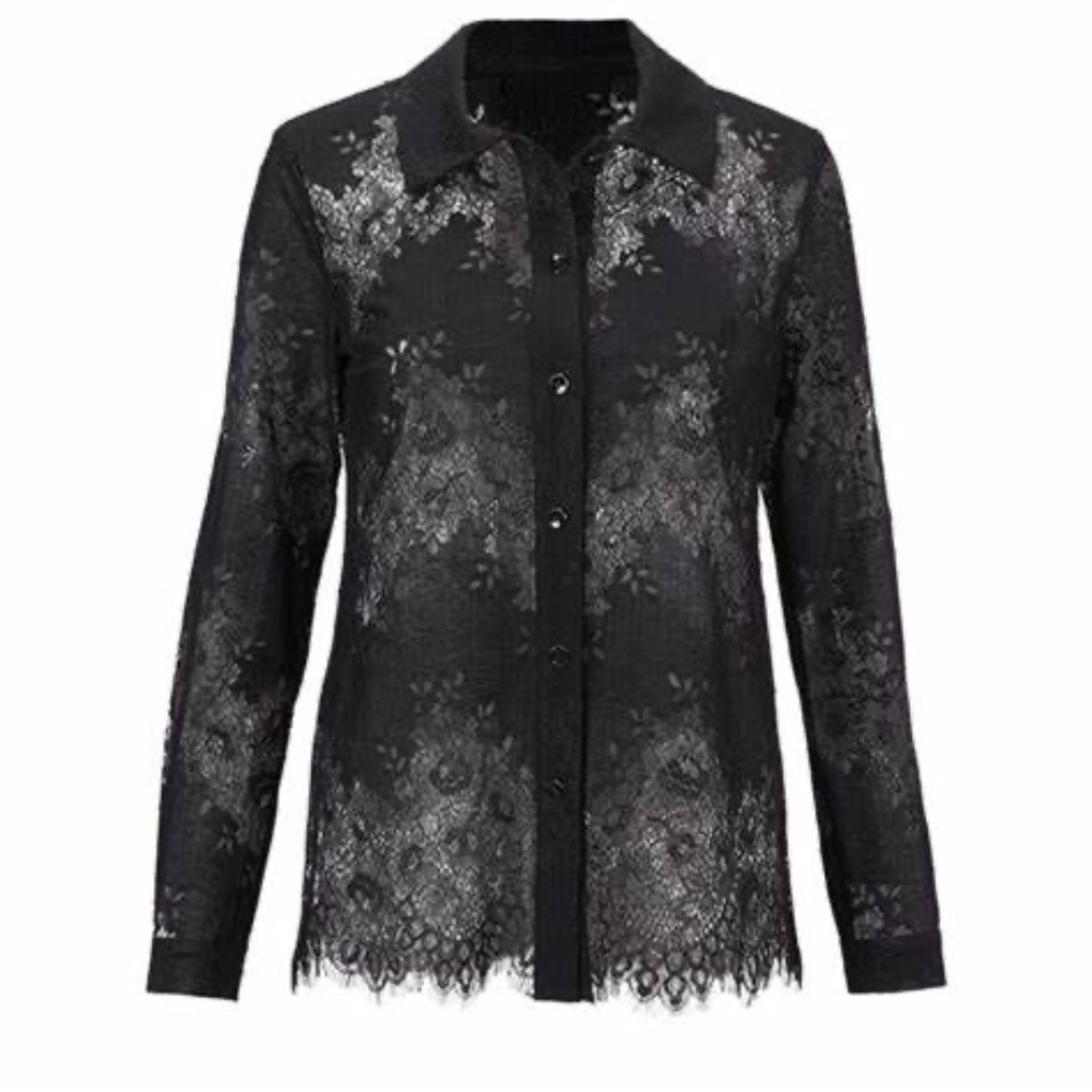 Cabi St. Regis Blouse – Sheer Black Lace Button-Up, Size M